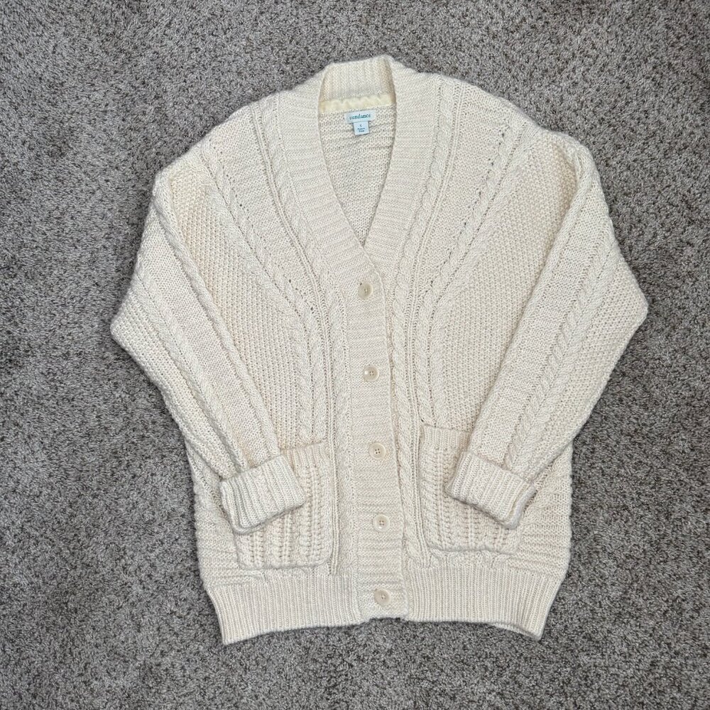 Sundance Cardigan Sweater Cable Knit pockets oversized size small wool cream